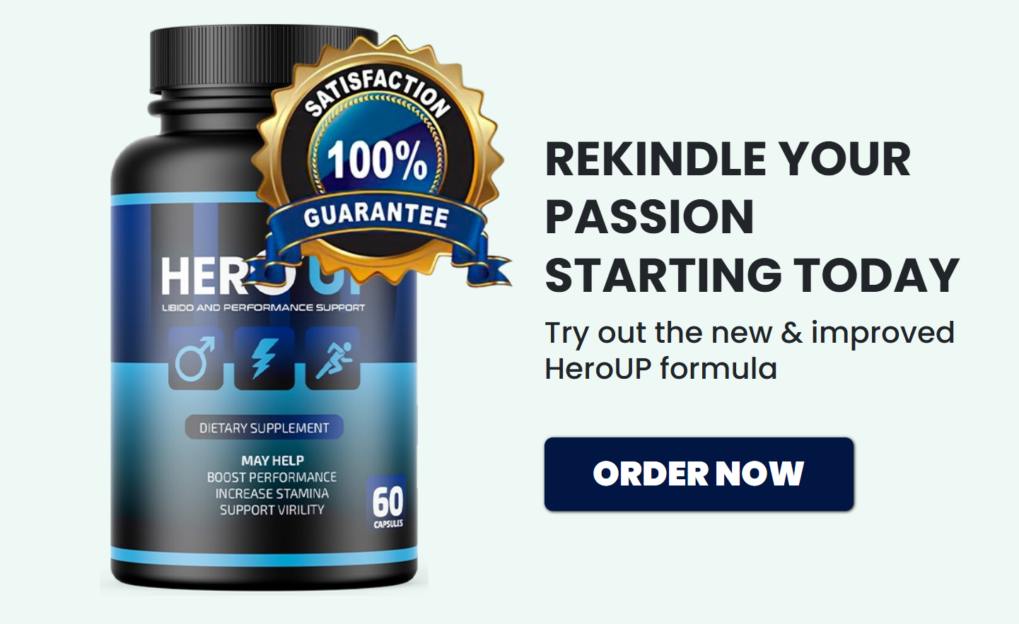 HeroUP Male Enhancement bottle, 60 capsules, with 100% satisfaction guarantee badge